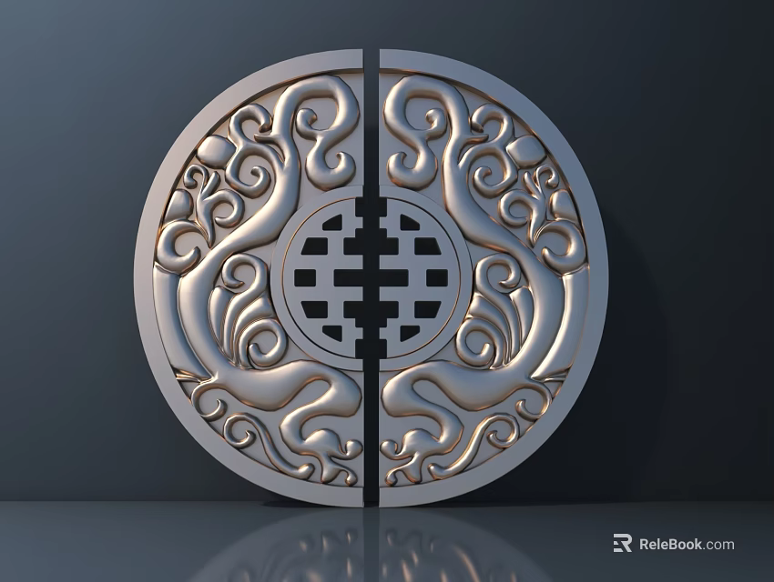 Intricate Circular Metal Handle Split Into Two Halves With Scroll Patterns And Central Square Design 3d model 