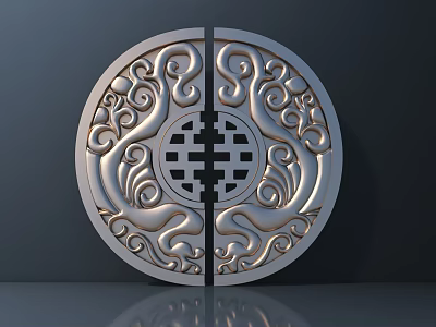 Intricate Circular Metal Handle Split Into Two Halves With Scroll Patterns And Central Square Design 3d model
