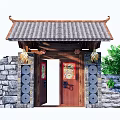 Chinese Style Entrance Gate with Tile Roof Wooden Door Stone Walls Red Decorations and Plants