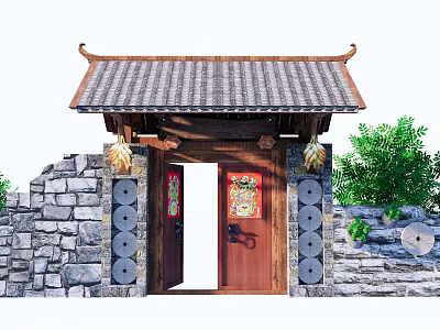 New Chinese Style Gate Village Courtyard Door Small Courtyard Door Wall Door God 3d model