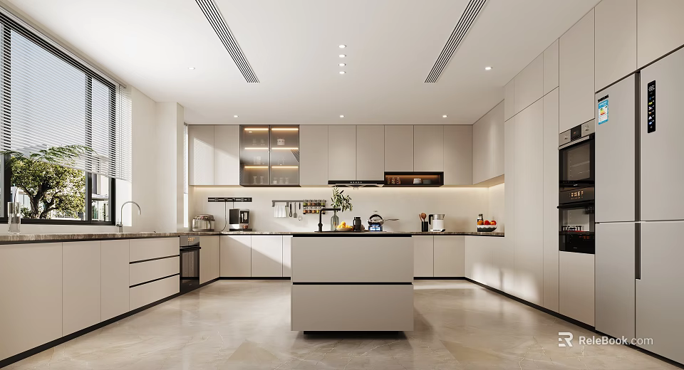 Modern Bright Kitchen Interior With White Cabinets And Central Island Appliances 3d model 
