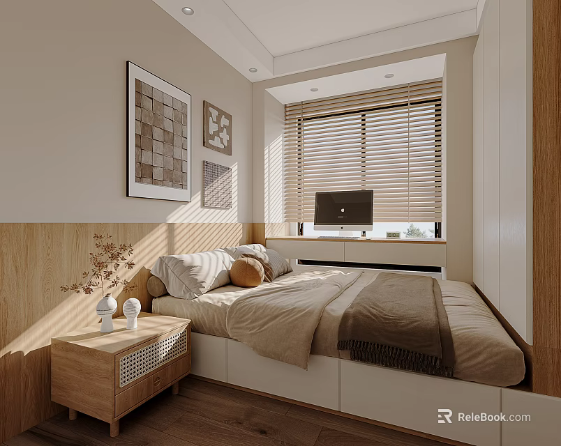 Tatami Bedroom Interior With Wooden Bedside Table Window Blinds Decorative Vase And Natural Light 3d model 