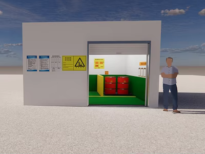 Man Standing At Hazardous Storage Facility With Open Roller Door Red Drums And Warning Signs 3d model