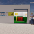 Man Standing At Hazardous Storage Facility With Open Roller Door Red Drums And Warning Signs