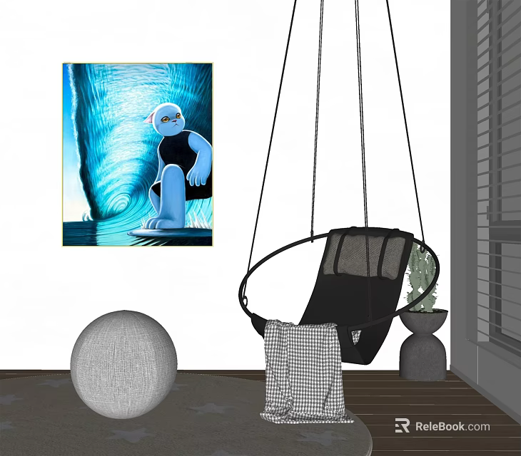 Black Hanging Chair In Indoor Living Room With Wall Painting Round Cushion Vase And Blanket 3d model 