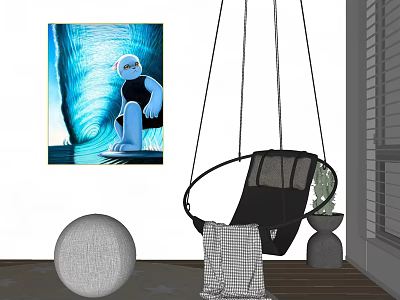 Black Hanging Chair In Indoor Living Room With Wall Painting Round Cushion Vase And Blanket 3d model