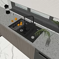 Modern Kitchen Double Bowl Sink with Faucet Lemons and Green Plant on Countertop