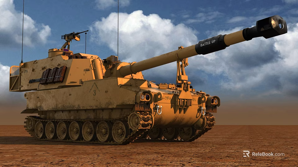 Military Tank In Desert With Long Cannon Barrel Heavy Tracks And Armored Hull 3d model 