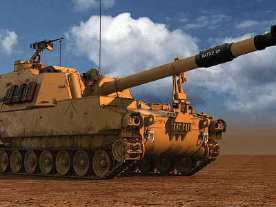 Military Tank In Desert With Long Cannon Barrel Heavy Tracks And Armored Hull 3d model