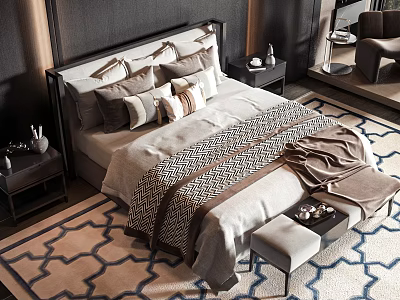 Luxury Double Bed Interior Design With Plush Bedding Multiple Pillows Nightstands And Patterned Area Rug 3d model