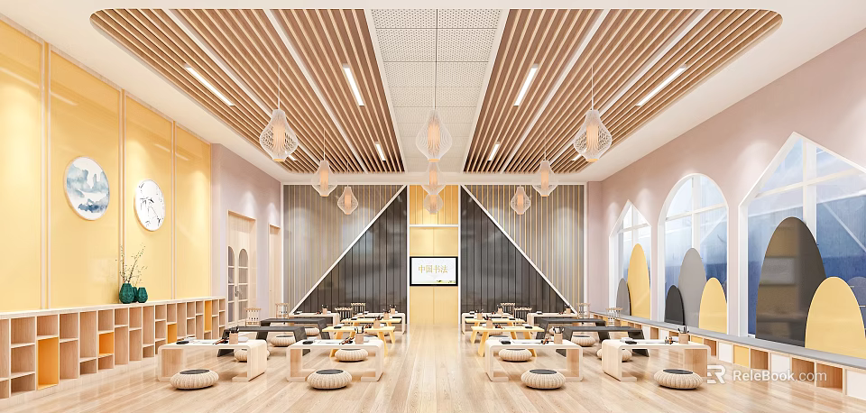Modern School Cafeteria Interior With Wooden Ceiling Pendant Lights And Round Tables 3d model 