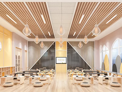 Modern School Cafeteria Interior With Wooden Ceiling Pendant Lights And Round Tables 3d model
