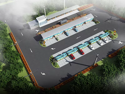 Birds Eye View Planning of Modern Parking Area With Buildings Greenery and Roads 3d model