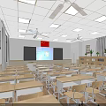School Classroom Interior With Desks Chairs Blackboard National Flag Windows Ceiling Fans And Lights