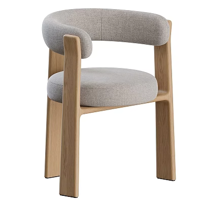 Modern Solid Wood Dining Chair With Soft Light Grey Fabric Upholstered Seat And Curved Backrest 3d model