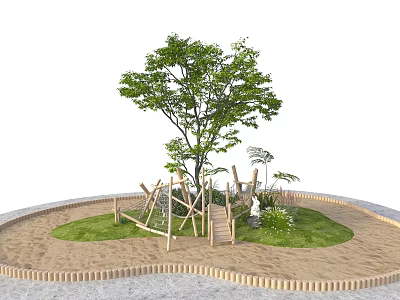 Wooden Playground Equipment With Climbing Frame Ladder Tree Sand Area Grass And Circular Fenced Area 3d model