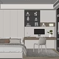 Modern Tatami Bedroom Interior With Bed Desk Computer Decorative Shelves And Curtains
