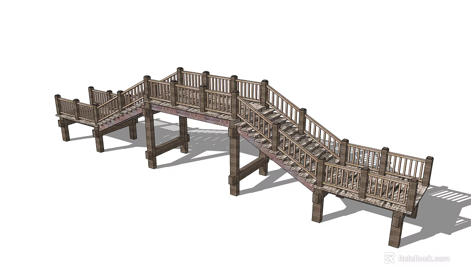 Wooden Curved Landscape Bridge With Railing And Steps In Garden Setting 3d model 