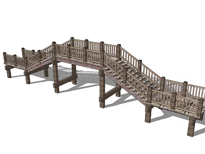 Wooden Curved Landscape Bridge With Railing And Steps In Garden Setting 3d model