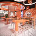 Orange Themed Restaurant Interior With Circular Pendant Lights Open Layout Tables And Chairs 3d model