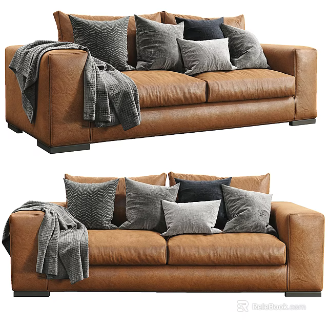 Brown Leather Two Seater Sofa With Gray Pillows And Blanket In Interior 3d model 