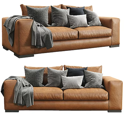 Brown Leather Two Seater Sofa With Gray Pillows And Blanket In Interior 3d model