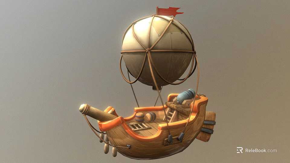 Wooden Ship With Hot Air Balloon Red Flag And Cannon Design Features 3d model 