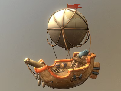 Wooden Ship With Hot Air Balloon Red Flag And Cannon Design Features 3d model
