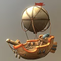 Wooden Ship With Hot Air Balloon Red Flag And Cannon Design Features