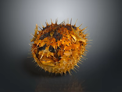 Detailed View of Inflated Aquatic Pufferfish with Yellow and Black Spots and Sharp Spines 3d model