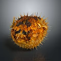 Detailed View of Inflated Aquatic Pufferfish with Yellow and Black Spots and Sharp Spines