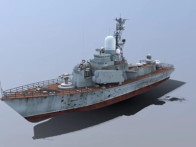 Rusty Warship With Weathered Hull And Deck Equipment Including Radar Antennas 3d model