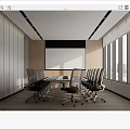 Modern Conference Room With Long Table Comfortable Chairs Projection Screen And Large Windows 3d model