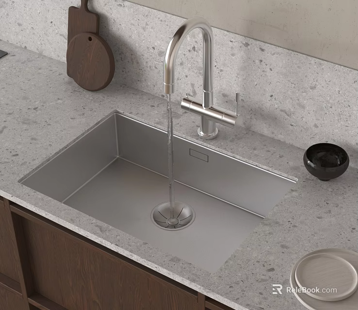 Stainless Steel Kitchen Sink With Brushed Nickel Faucet On Gray Quartz Countertop And Wooden Cabinets 3d model 