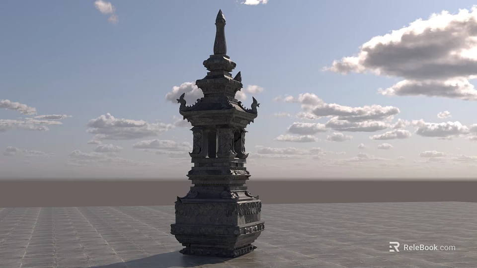 Ancient Stone Carved Pagoda Sculpture With Intricate Details Against Blue Sky And Clouds 3d model 
