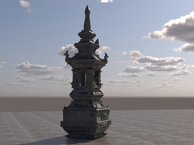 Ancient Stone Carved Pagoda Sculpture With Intricate Details Against Blue Sky And Clouds 3d model