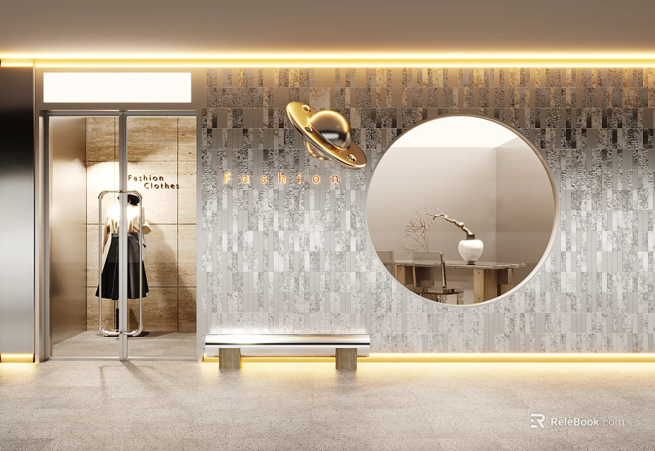 Modern Storefront Design With Gray Textured Wall Golden Logo Round Mirror And Glass Door 3d model 