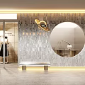 Modern Storefront Design With Gray Textured Wall Golden Logo Round Mirror And Glass Door