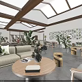Elegant Chinese Living Room Interior With Wooden Ceiling Sofa Greenery And Decorative Paintings