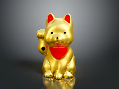 Golden Lucky Cat Figurine With Red Ears Collar And Bell On Shiny Black Surface 3d model