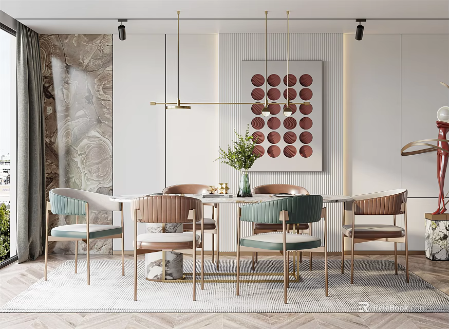 Modern Restaurant Interior Design With Dining Table Chairs And Decorative Artwork 3d model