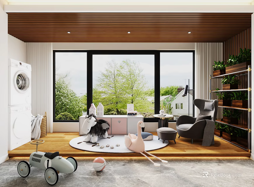 Spacious Playroom Interior With Large Windows Green Trees Toy Car Round Rug And Wooden Flooring 3d model 