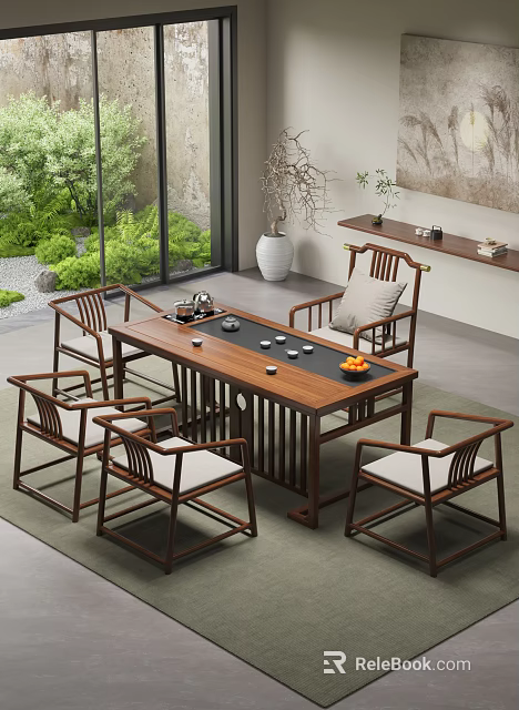 Traditional Tea Room Interior With Wooden Tea Table Comfortable Chairs Tea Set And Green Plants 3d model 
