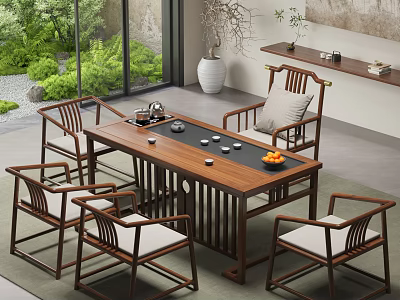 Traditional Tea Room Interior With Wooden Tea Table Comfortable Chairs Tea Set And Green Plants 3d model