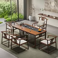 Traditional Tea Room Interior With Wooden Tea Table Comfortable Chairs Tea Set And Green Plants