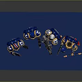 Lego Warriors In Blue Yellow White Armor With Mechanical Creature And Weapons On Blue Platform
