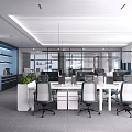 Modern Public Office Area Interior Design With Open Layout Desks And Green Plants 3d model