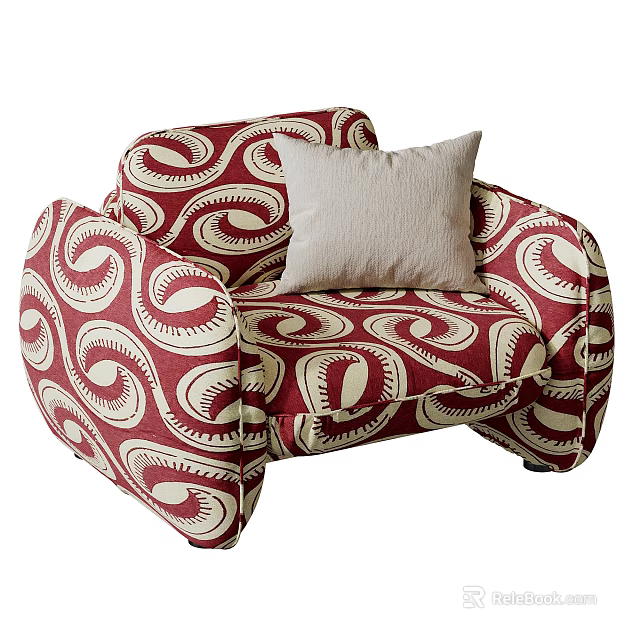 Single Sofa with Red and Beige Spiral Pattern and Beige Cushion Design 3d model 