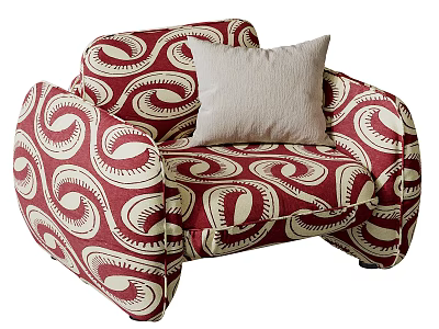 Single Sofa with Red and Beige Spiral Pattern and Beige Cushion Design 3d model