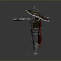 Game and Movie Armored Character with Horned Helmet Sword Shield and Red Cape